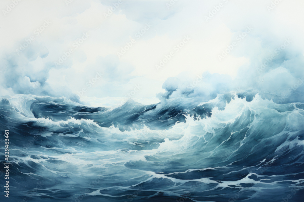 Blue Watercolor Seascape Texture. Ocean Waves Painting, Artistic Marine Background, Sky, Clouds, Tranquil Nature, Horizon. Generative AI