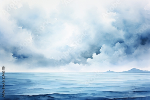 Blue Watercolor Seascape Texture. Ocean Waves Painting  Artistic Marine Background  Sky  Clouds  Tranquil Nature  Horizon. Generative AI