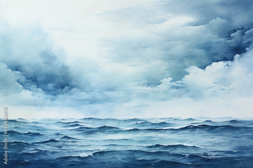 Blue Watercolor Seascape Texture. Ocean Waves Painting, Artistic Marine Background, Sky, Clouds, Tranquil Nature, Horizon. Generative AI
