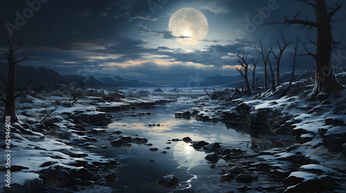 Hyperrealistic Fantasy of Moonlight Shining Over Water and Rocks