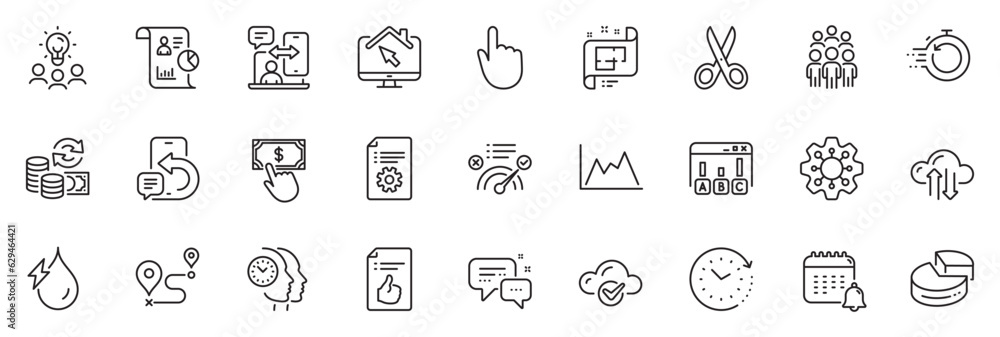Icons pack as Group people, Diagram and Cut line icons for app include Calendar, Hand click, Execute outline thin icon web set. Report, Hydroelectricity, Work home pictogram. Vector Icons pack as Group people, Diagram and Cut line icons for app include Calendar, Hand click, Execute outline thin icon web set. Report, Hydroelectricity, Work home pictogram. Vector