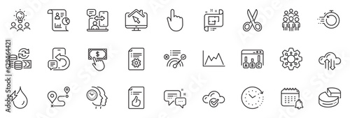 Icons pack as Group people, Diagram and Cut line icons for app include Calendar, Hand click, Execute outline thin icon web set. Report, Hydroelectricity, Work home pictogram. Vector