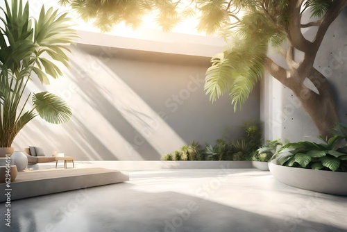 Empty exterior concrete wall with tropical style garden 3d render,decorate with tropical style tree ,sunlight on the wall  © Haseeb