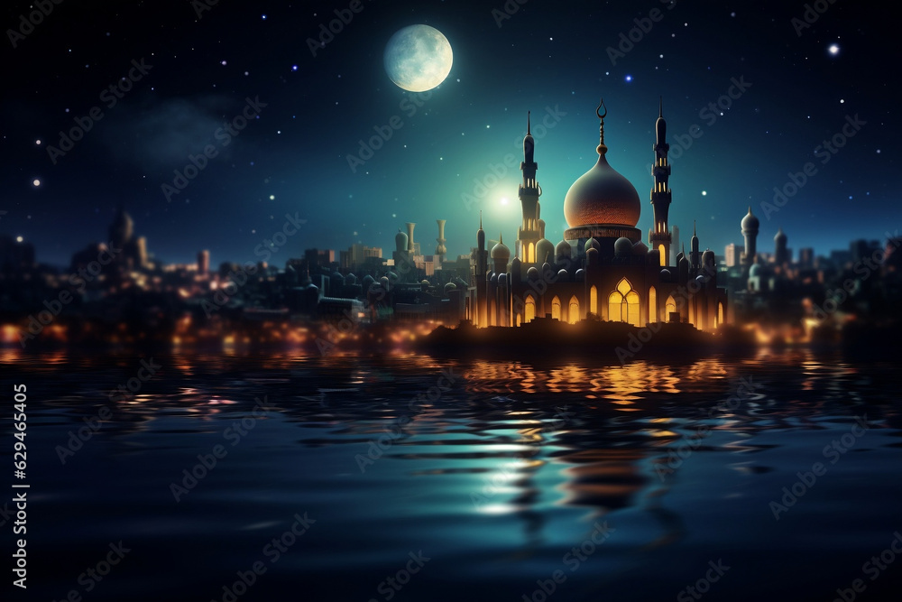 Ramadan Impressions: Mosque, Moon, and Stars Illuminate Bokeh
