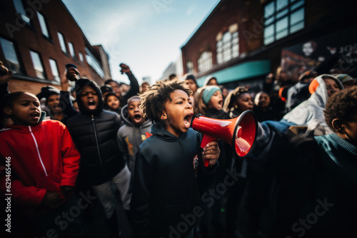 African American young boy shouting with a megaphone in a protest. Generative AI.