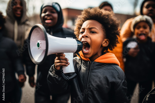 African American young boy shouting with a megaphone in a protest. Generative AI.