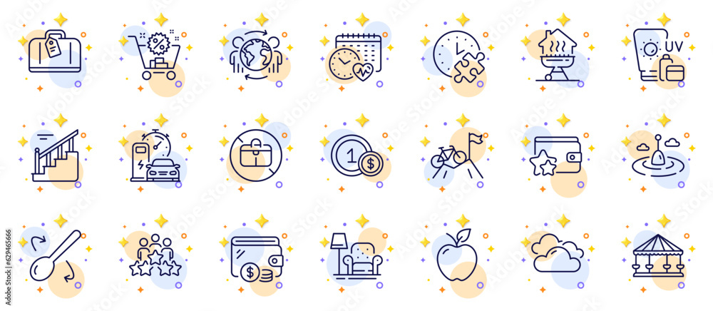 Outline set of Stairs, Charging station and Cooking spoon line icons for web app. Include Fishing float, Cloudy weather, Mountain bike pictogram icons. Apple, Sunscreen, Loyalty program signs. Vector Outline set of Stairs, Charging station and Cooking spoon line icons for web app. Include Fishing float, Cloudy weather, Mountain bike pictogram icons. Apple, Sunscreen, Loyalty program signs. Vector