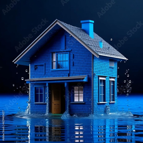 The house stands in the water, flood illustration.