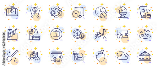 Outline set of Stairs, Charging station and Cooking spoon line icons for web app. Include Fishing float, Cloudy weather, Mountain bike pictogram icons. Apple, Sunscreen, Loyalty program signs. Vector