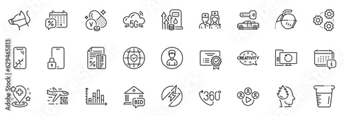 Icons pack as Doctor, Smartphone broken and Recovery computer line icons for app include Global insurance, Certificate, 5g cloud outline thin icon web set. 360 degree, Video conference. Vector