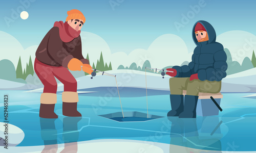 Winter fishing. Male characters with fishing rod catching fish in winter season. Vector cartoon outdoor landscape