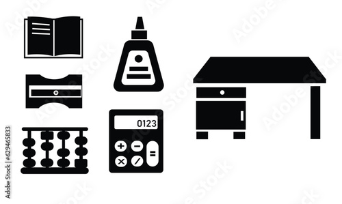 School supplies icon vector set. Back to school concept. Welcome back to school background. Learning and education concept. Flat vector in black isolated on white background.