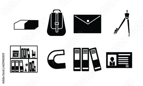 School supplies icon vector set. Back to school concept. Welcome back to school background. Learning and education concept. Flat vector in black isolated on white background.