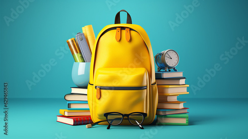 Back to school concept. Yellow backpack with books and school equipment on blue background. Generative AI