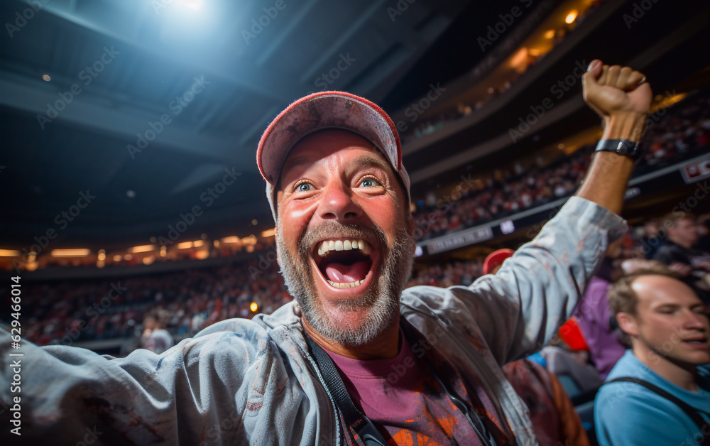 Obraz premium A supporter man cheers for his team's victory in the stadium