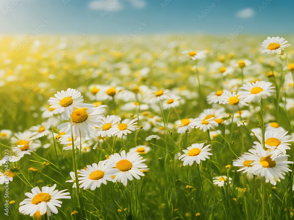 Chamomile flower field. Camomile in nature. Field of daisies on a sunny day in nature. daisy flowers on a summer day. Chamomile floral closeup field background in sunlight. Generative Ai. Stock Photo 