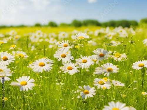 Chamomile flower field. Camomile in nature. Field of daisies on a sunny day in nature. daisy flowers on a summer day. Chamomile floral closeup field background in sunlight. Generative Ai. Stock Photo 