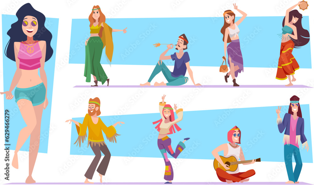 Hippie characters. Woodstock authentic persons freedom symbols exact vector hippie in clothes