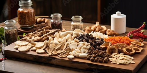 Tabletop herbal medicine vignette with red ginseng and finely chopped dried mushrooms on a wooden table