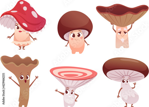 Mushroom characters. Funny vegetables characters exact vector mushroom plants in cartoon style