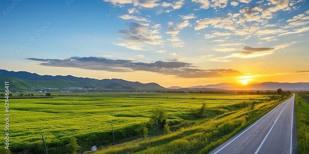 Beautiful country road and green fields at dawn.