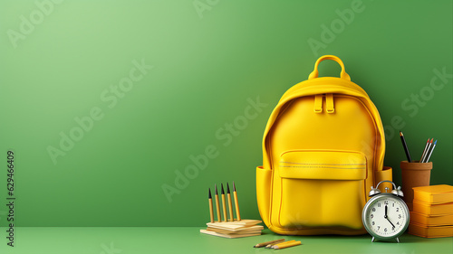 Back to school concept. Yellow backpack with books and school equipment on green background. Generative AI