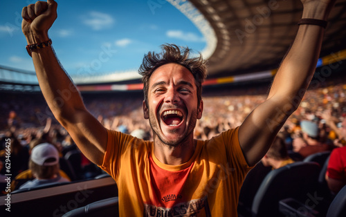 A supporter man cheers for his team's victory in the stadium