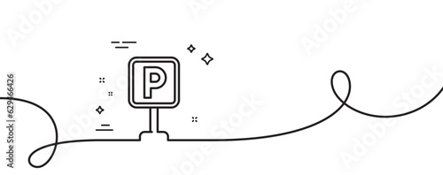Parking line icon. Continuous one line with curl. Car park sign. Transport place symbol. Parking single outline ribbon. Loop curve pattern. Vector