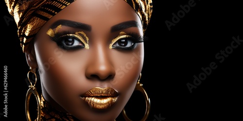 Beautiful face, sexy girl, metallic golden professional makeup, glossy lips skin photo