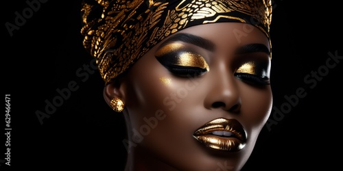 Beautiful face, sexy girl, metallic golden professional makeup, glossy lips skin