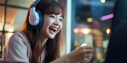 Excited young girl wearing headphones and playing an online game on a smartphone.
