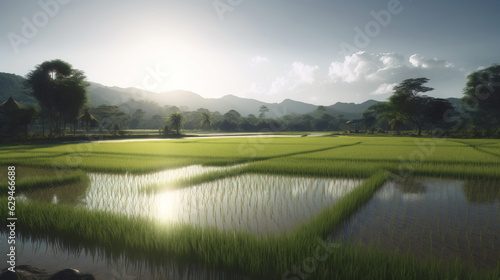 Rice field in the rays of the evening sun  the cultivation of natural products. AI generated.