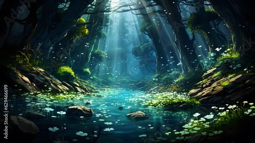 Luminous Enchantment: Fairy Forest with Stream and Flowers, Anime-Inspired Painting in Dark Cyan and Light Aquamarine, Radiant Shadows and Translucent Waters Highlighted by God Rays © luxy