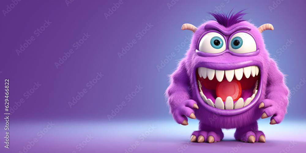 Funny monster cartoon caracter isolated on purple background 