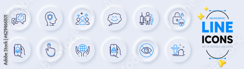 Smile, Food app and Delivery app line icons for web app. Pack of Like, New house, Not looking pictogram icons. Hand click, Organic tested, Medical vaccination signs. Squad, Cyber attack. Vector