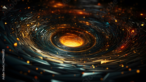 Stellar Vortex Journey: Tunnel Illuminated with Stars and Lights, Liquid Metal Spiral Patterns in Dark Black, Orange, Gold, and Cyan Tones