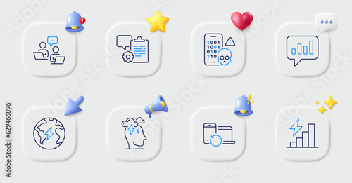 Recovery devices, Stress and Teamwork line icons. Buttons with 3d bell, chat speech, cursor. Pack of Electricity, Analytical chat, Clipboard icon. Consumption growth, Cyber attack pictogram. Vector