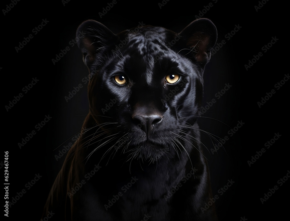Portrait eines schwarzen Panthers vor schwarzem Hintergrund erstellt mit generativer KI