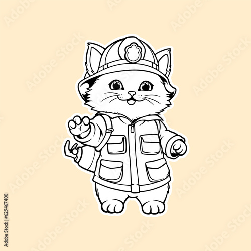 cute orange cat in firefighter uniform carrying baton, squirrel character vector Illustration