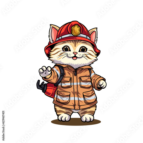 cute orange cat in firefighter uniform carrying baton, squirrel character vector Illustration