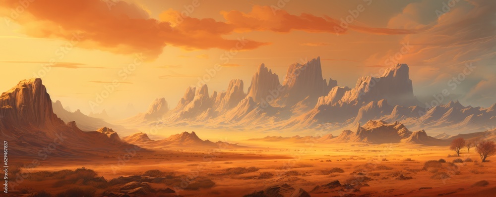 Naklejka premium Orange desert surrounded by large mountains, panorama. Generative Ai.