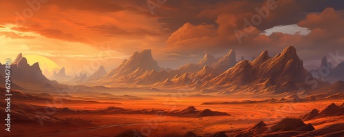 Orange desert surrounded by large mountains, panorama. Generative Ai.