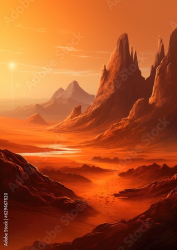 Orange desert surrounded by large mountains, mountains wallpaper. Generative Ai. © annamaria