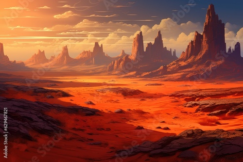 Orange desert surrounded by large mountains, mountains wallpaper. Generative Ai. © annamaria