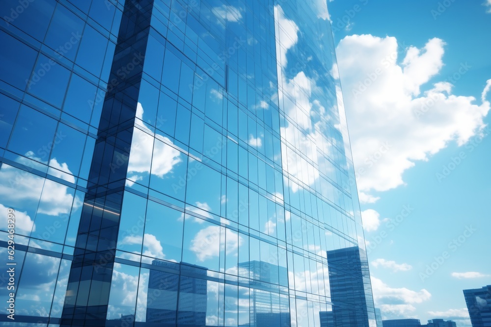 Obraz premium Modern Glass Building with Clear Blue Sky and Fluffy Clouds, Futuristic Architecture, Copy Space, Generative AI