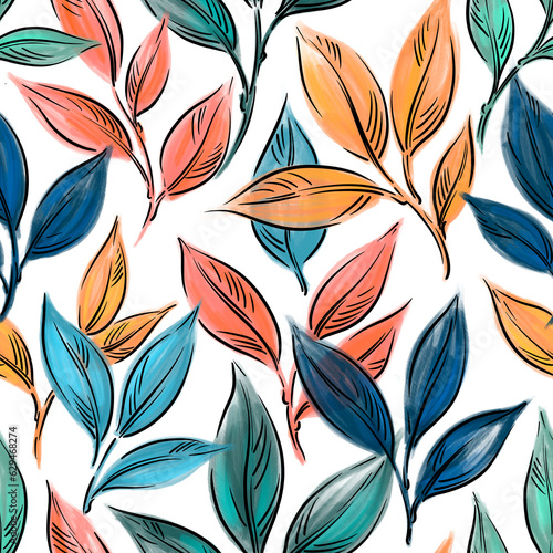 Abstract drawn graphic seamless pattern of leaves. . Design wallpaper, fabric and packaging