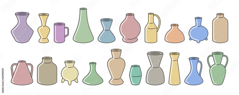 A set of non-transparent ceramic flower vases, jugs or containers of different shapes and sizes