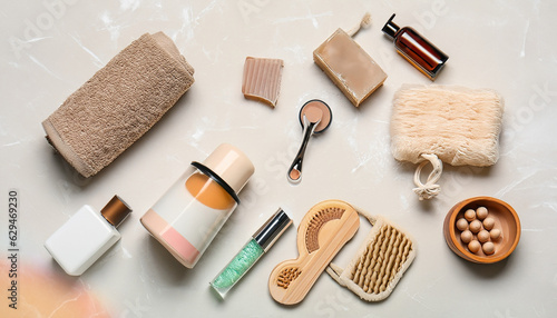 Composition with different bath accessories and cosmetics on light background 