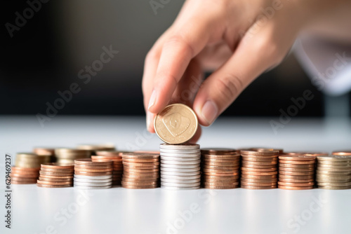 Business, investment or education saving concept - Hand putting coins to add to the fund isolated on white