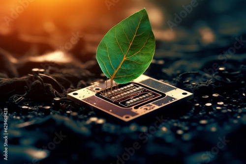 Organic Growth: Leaf Emerging from Electronic Component Boards, Generative AI